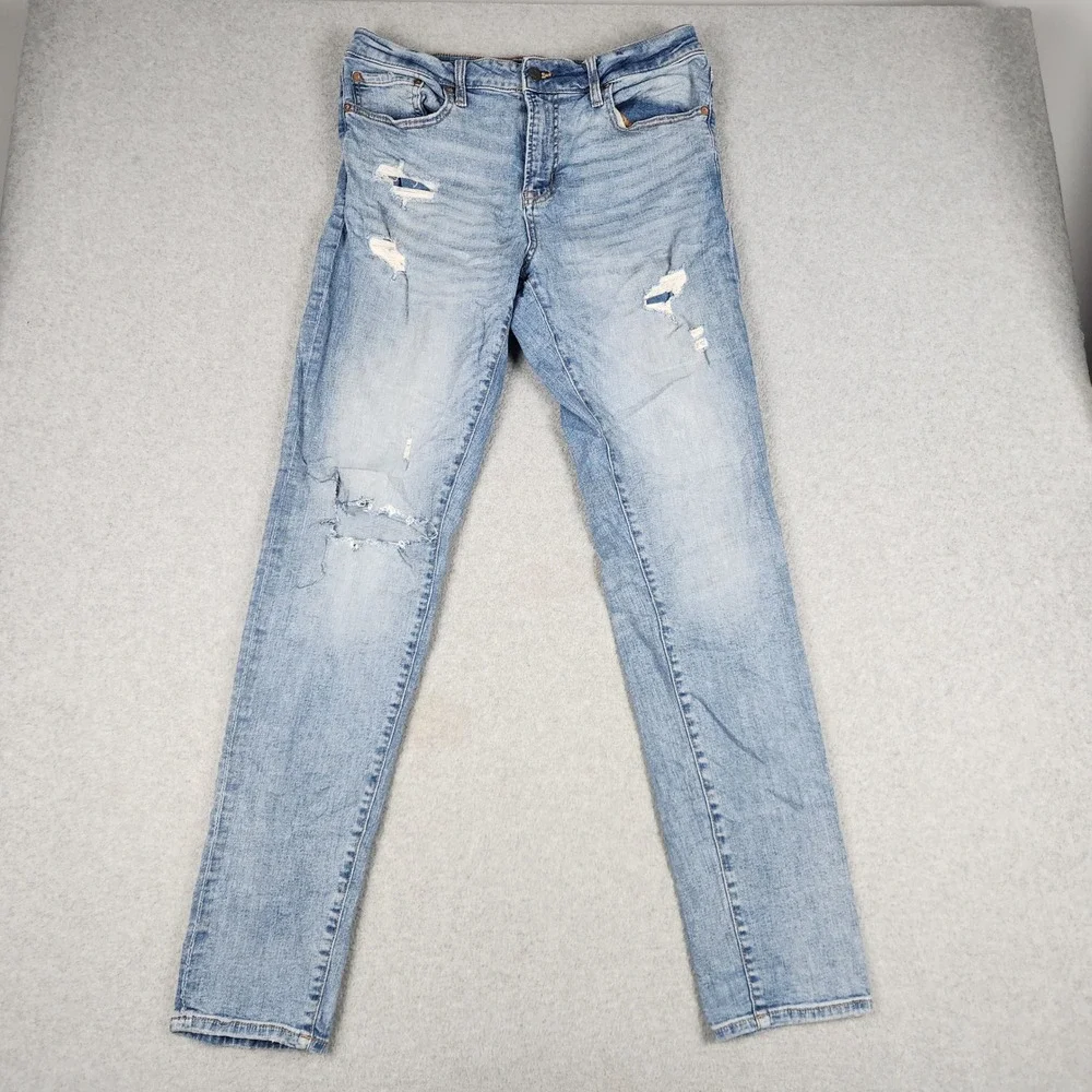 Aeropostale Athletic Skinny Jeans Mens 32x34 Blue Denim Whiskering Distressed